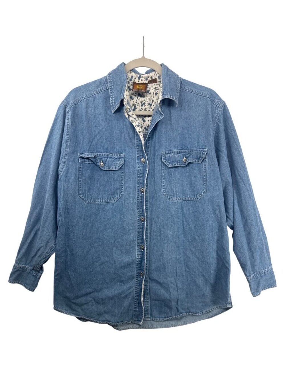 Vintage High Sierra Womens Button Shirt Sz L Blue Denim Floral Contrast Long-Slv